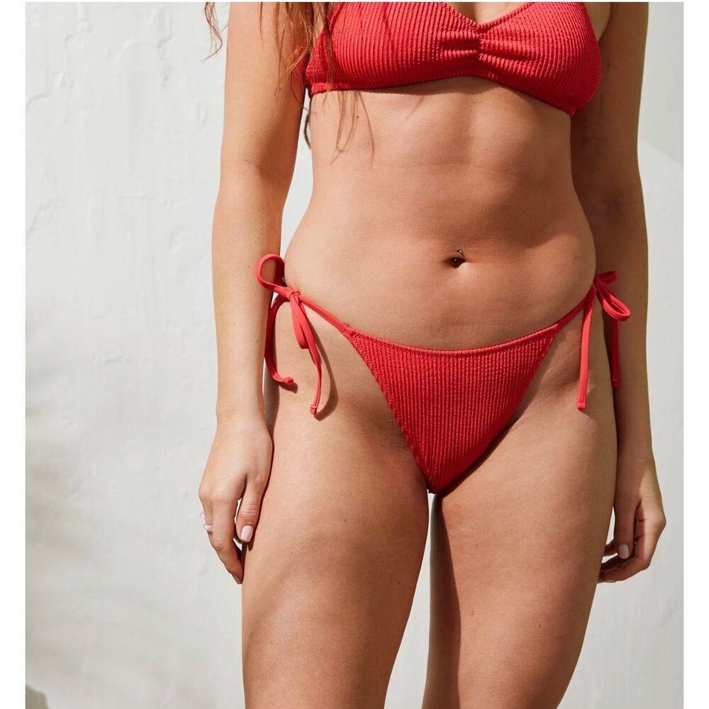 Aerie Cheeky Ribbed Bikini Bottoms Red Swim UPF 50 Size S